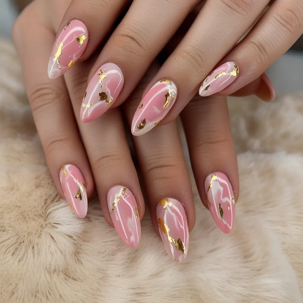 chic spring neutral nails 2026 Pink Marble Almond with Gold Foil Art