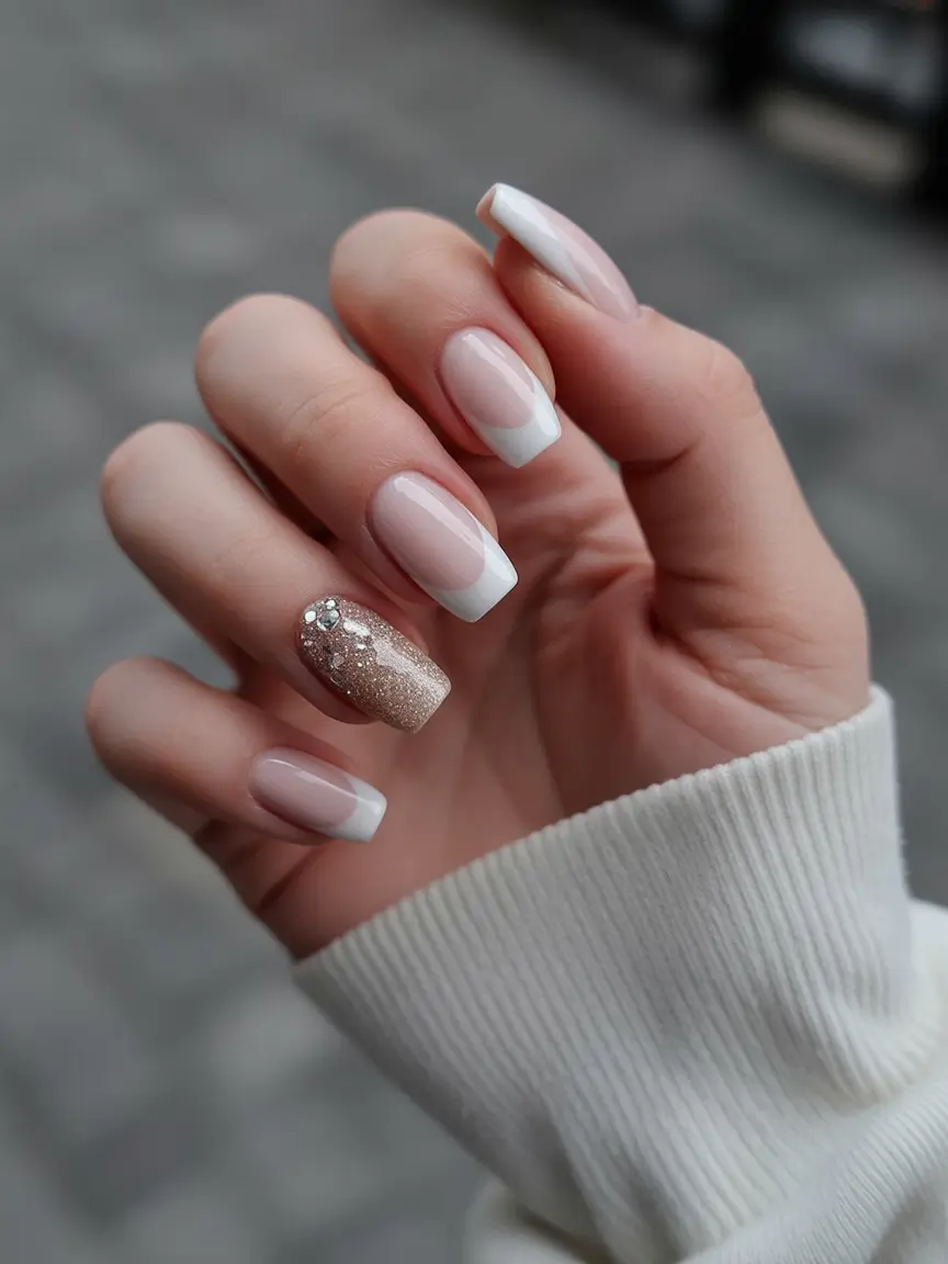 chic spring neutral nails 2026 Modern French Square with Glitter Accent