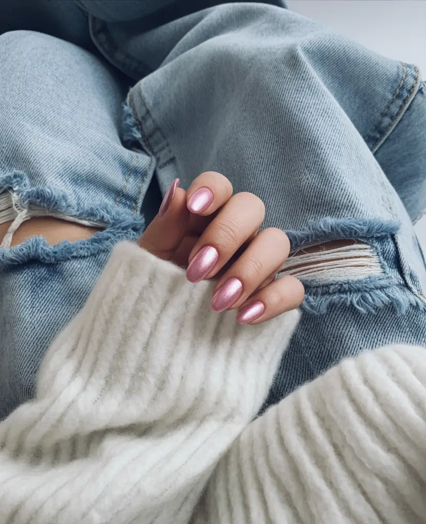 chic spring neutral nails 2026 Rose Chrome Almond with Casual Cool Energy