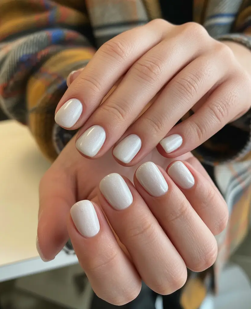 chic spring neutral nails 2026 Milky White Short Square with Subtle Shimmer