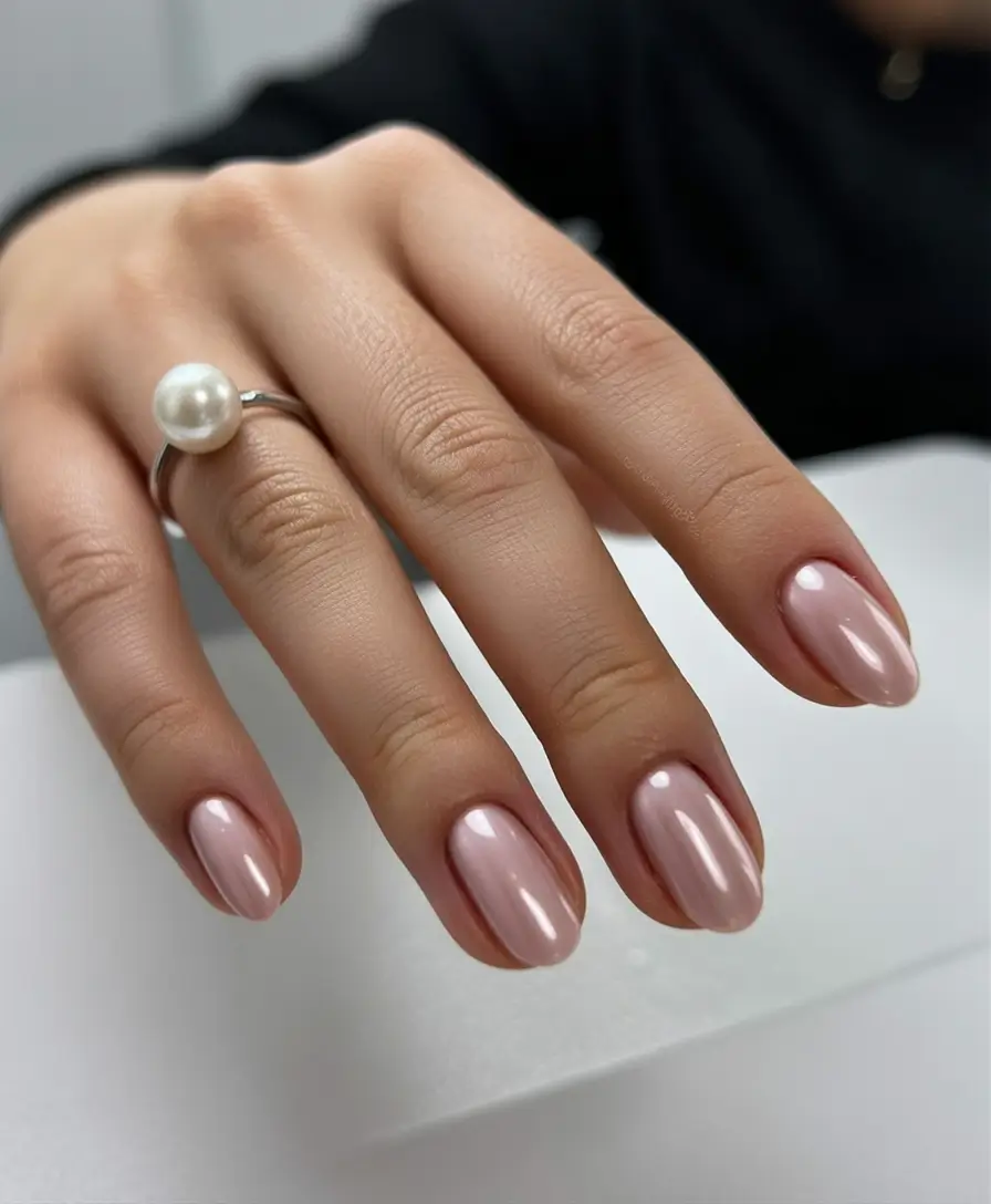 chic spring neutral nails 2026 Glossy Nude Almond with Natural Glow