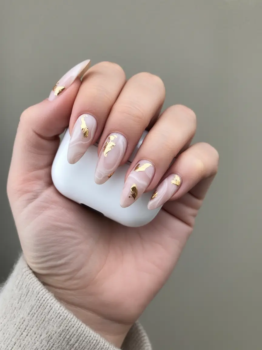 chic spring neutral nails 2026 Soft Almond Marble with Gold Foil Accents