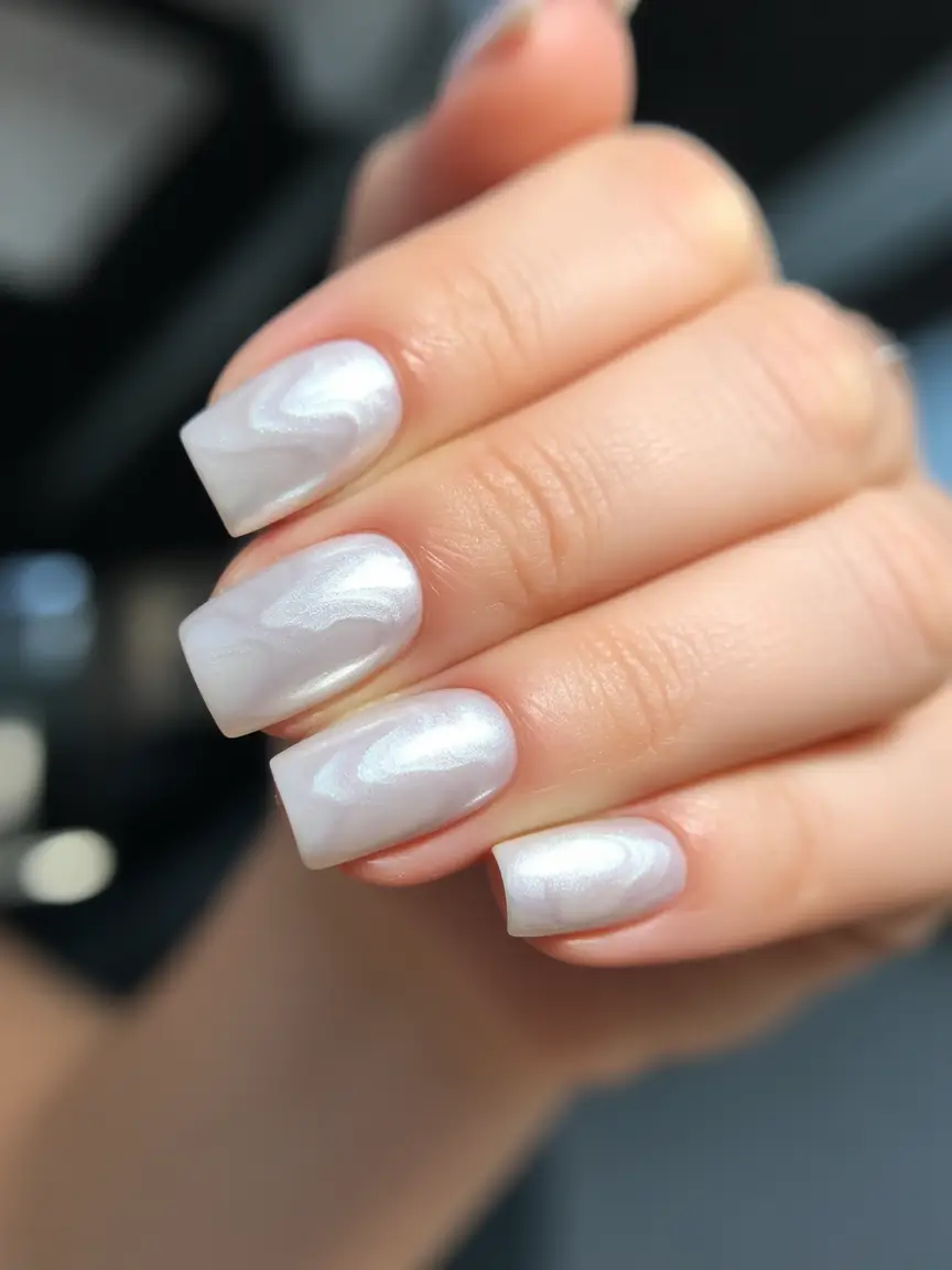 chic spring neutral nails 2026 Pearl Swirl Square with Modern Chrome Effect