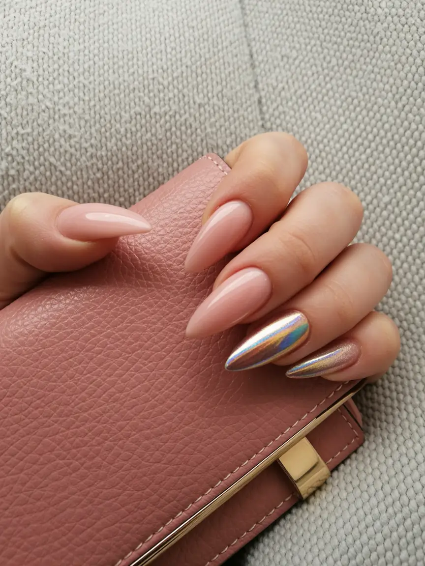 chic spring neutral nails 2026 Blush Almond with Holographic Chrome Accent