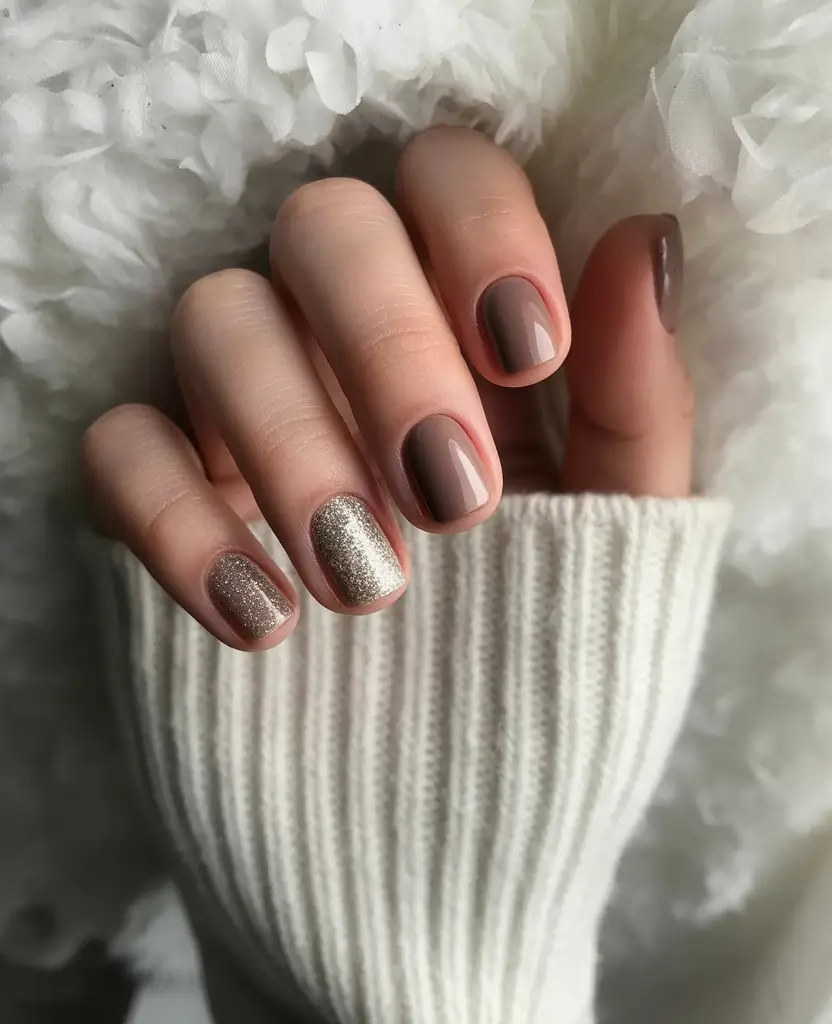 chic spring neutral nails 2026 Warm Taupe Short Square with Gold Glitter Accent