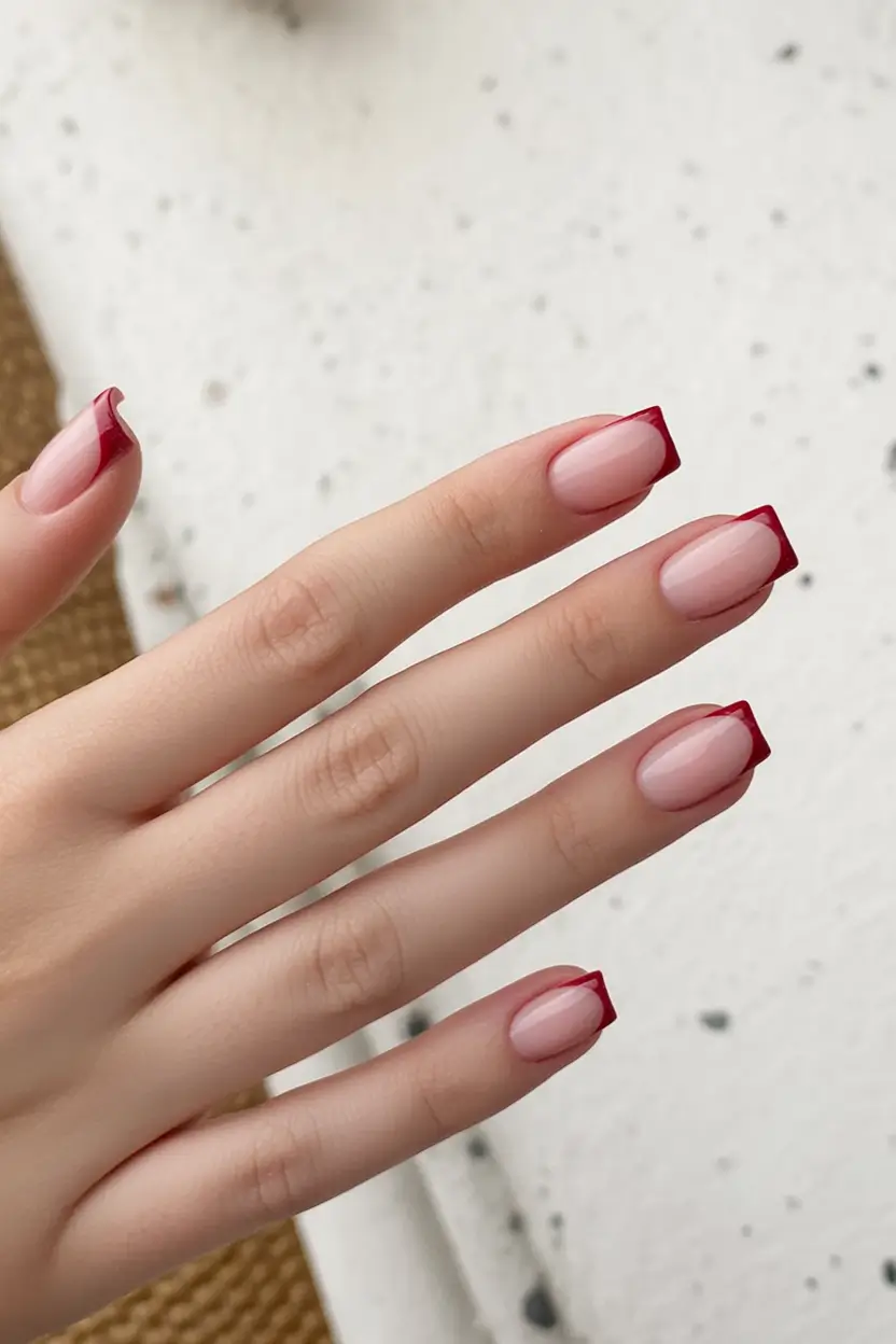 chic spring neutral nails 2026 Deep Red Micro French on Soft Neutral Base