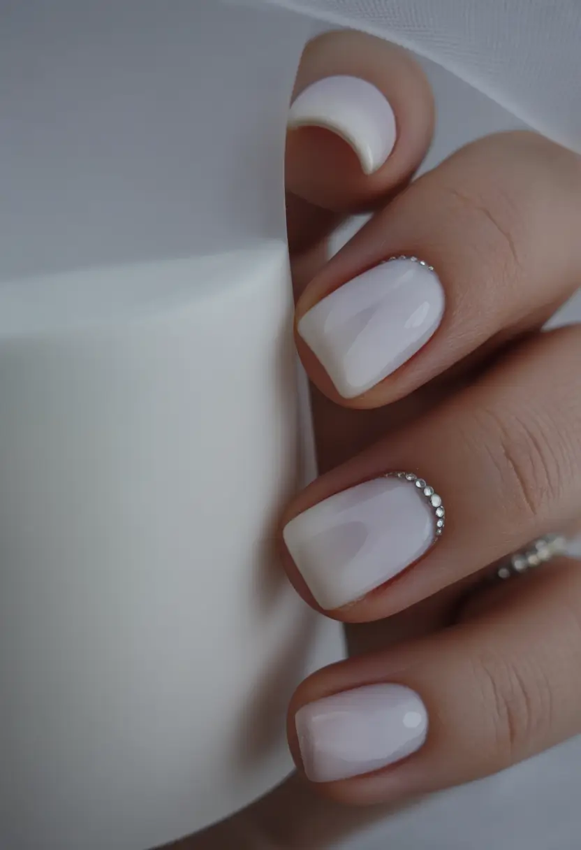 chic spring neutral nails 2026 Milky White Square with Micro Crystal Detail