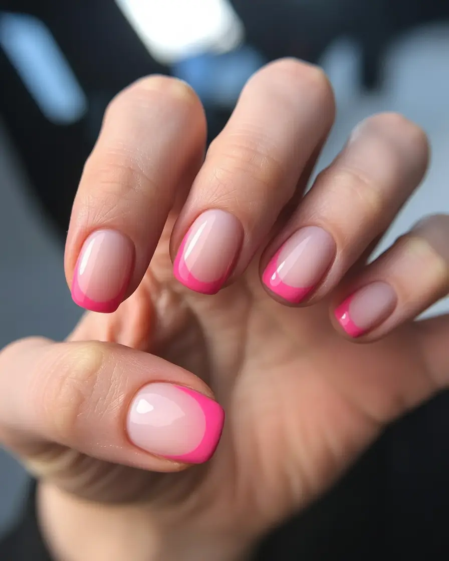chic spring neutral nails 2026 Neon Pink Micro French on Short Neutral Base