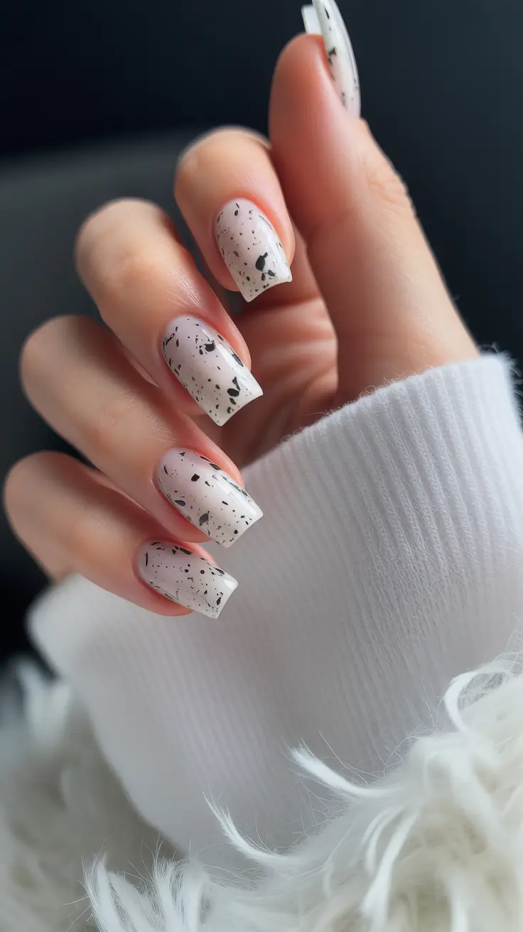 chic spring neutral nails 2026 Speckled Neutral Square with Modern Minimal Art