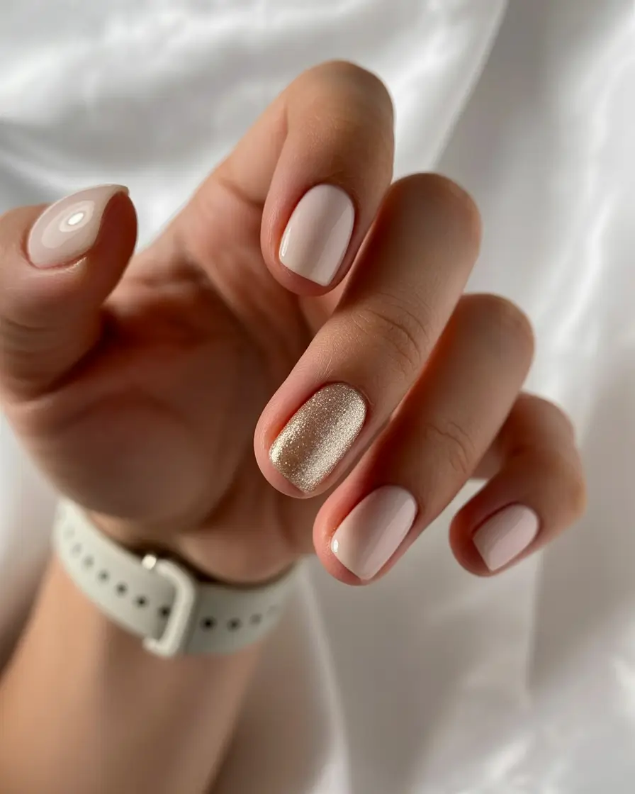 chic subtle spring nails 2026 Soft Milky Nude with Champagne Accent