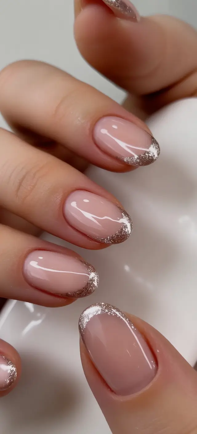 chic subtle spring nails 2026 Sheer Pink with Glitter French Edge