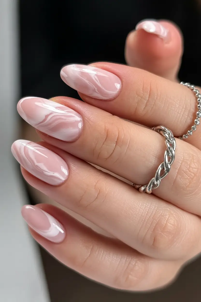chic subtle spring nails 2026 Blush Marble Almond Elegance