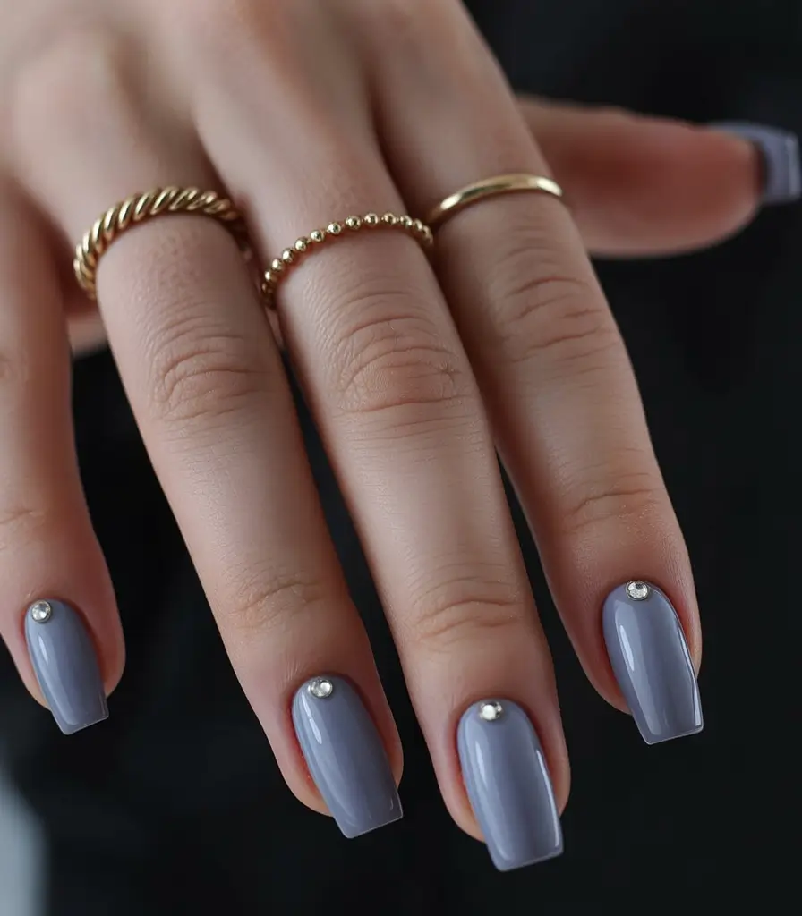 chic subtle spring nails 2026 Muted Blue Grey with Crystal Detail