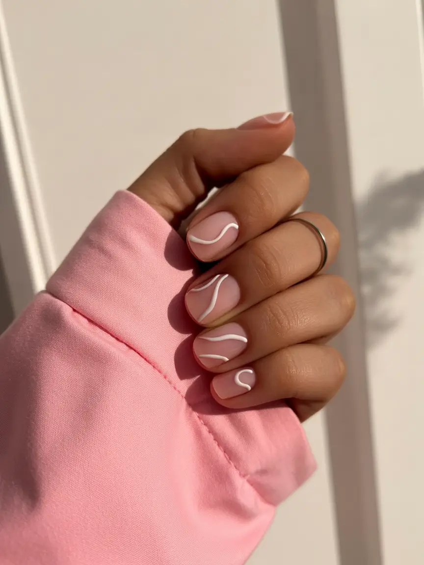 chic subtle spring nails 2026 Minimalist Nude with Abstract White Lines
