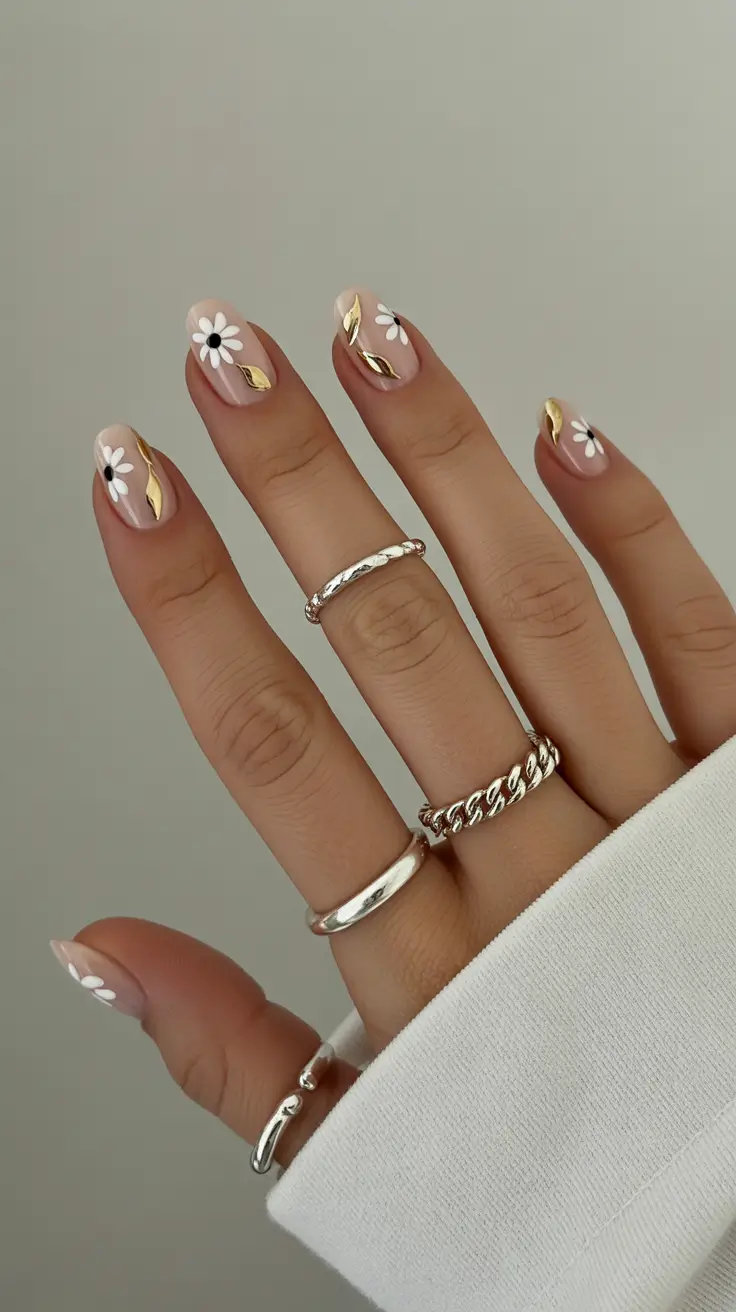 chic subtle spring nails 2026 Delicate Daisy and Gold Accent Art