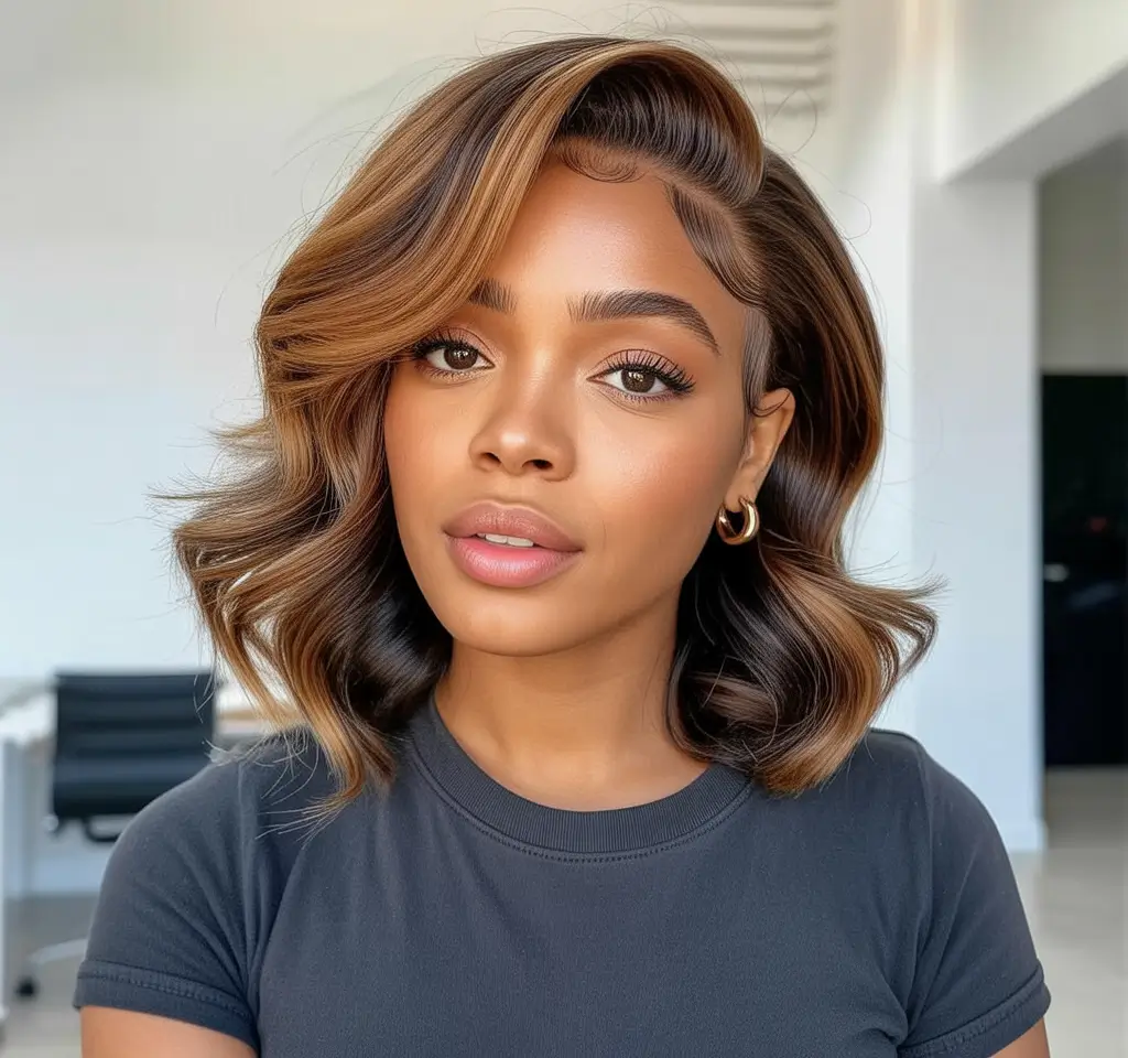 cool spring hair color for dark skin 2026 Golden face frame on a soft wavy bob