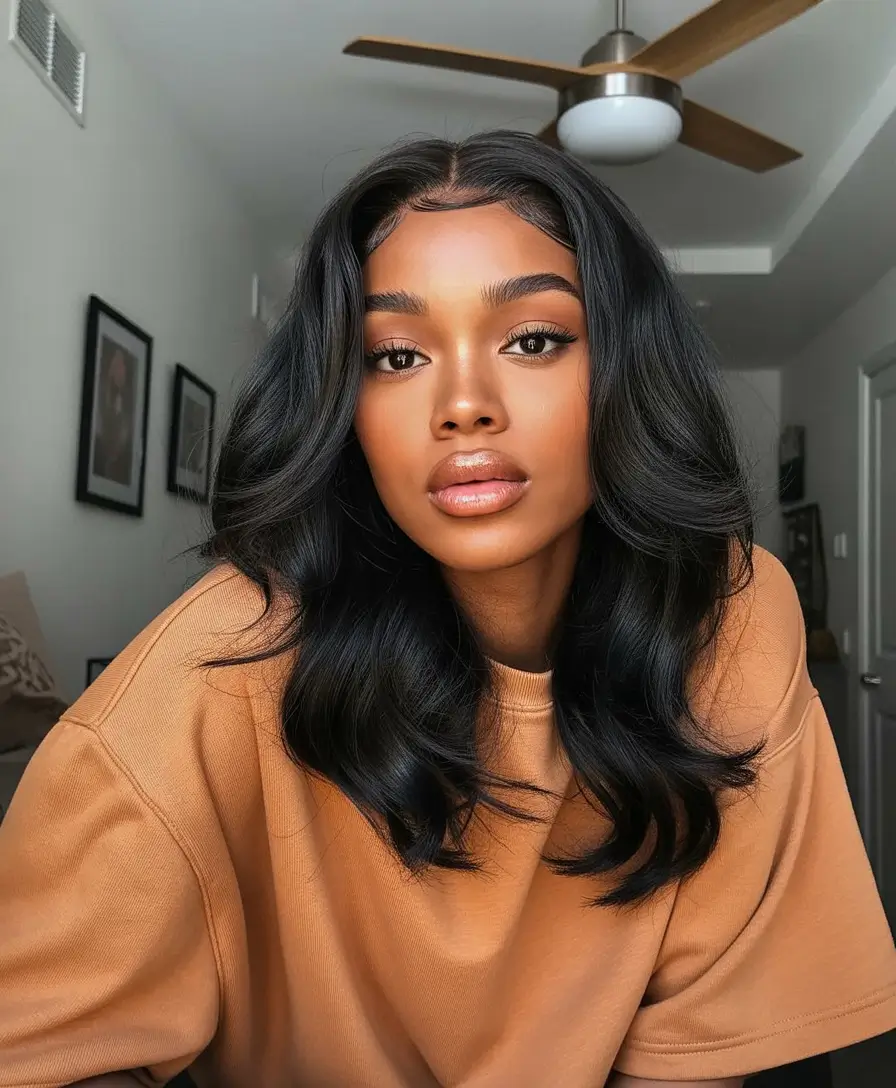 cool spring hair color for dark skin 2026 Glossy midnight waves with soft spring movement