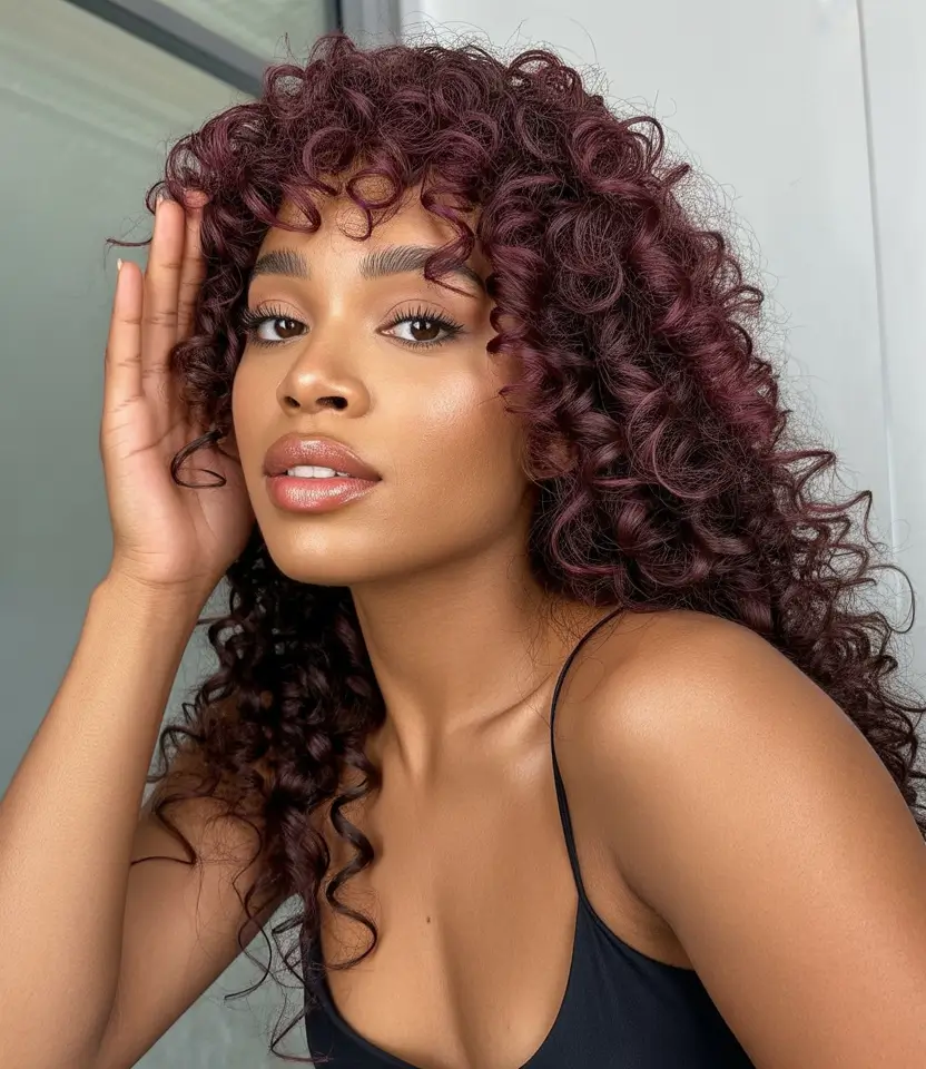 cool spring hair color for dark skin 2026 Plum curl halo with lively texture