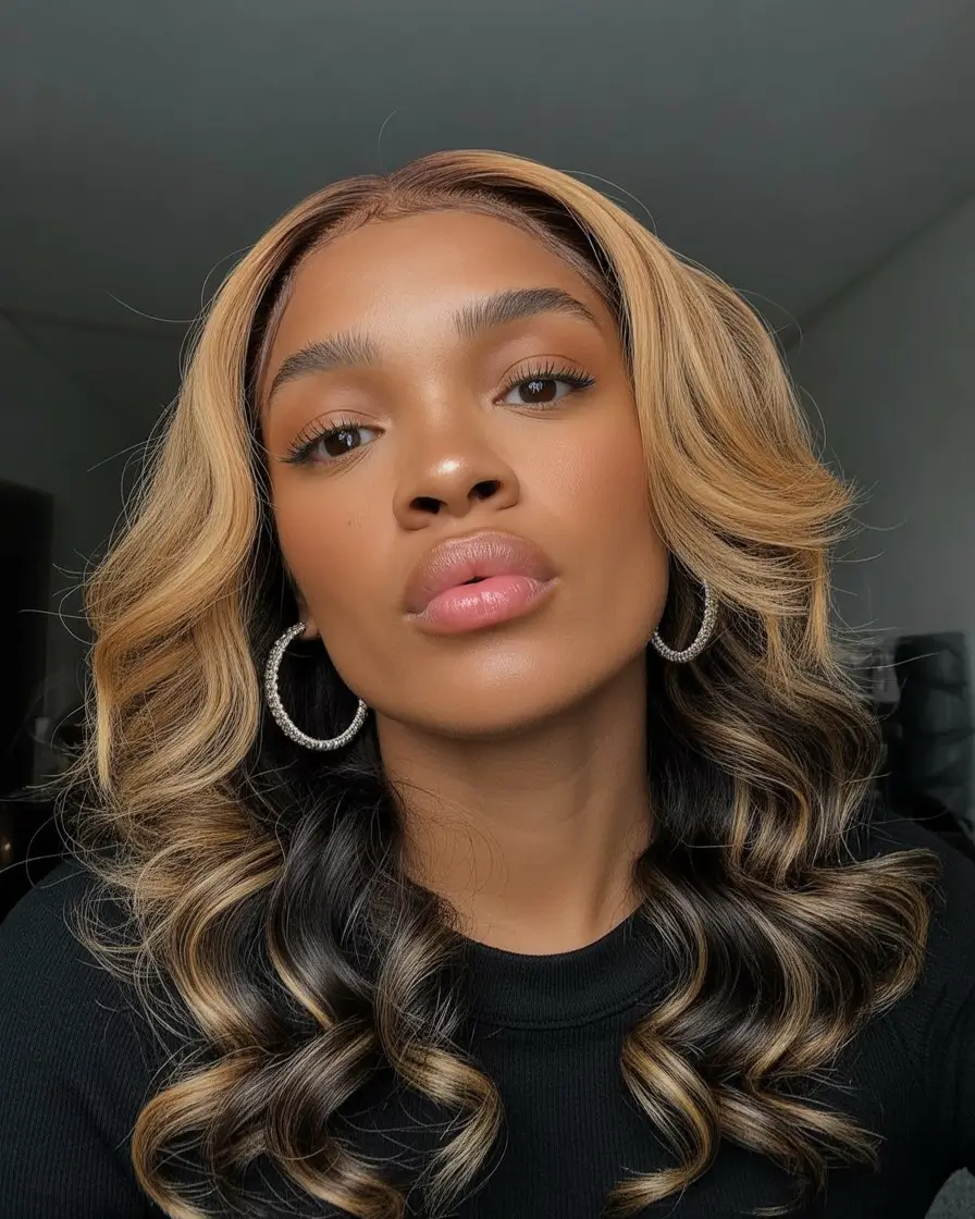 cool spring hair color for dark skin 2026 Honey ribbon curls with deep undertones