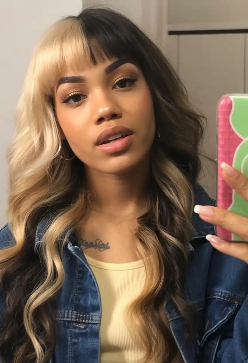 cool spring hair color for dark skin 2026 High contrast blonde and brunette split with flowing curls