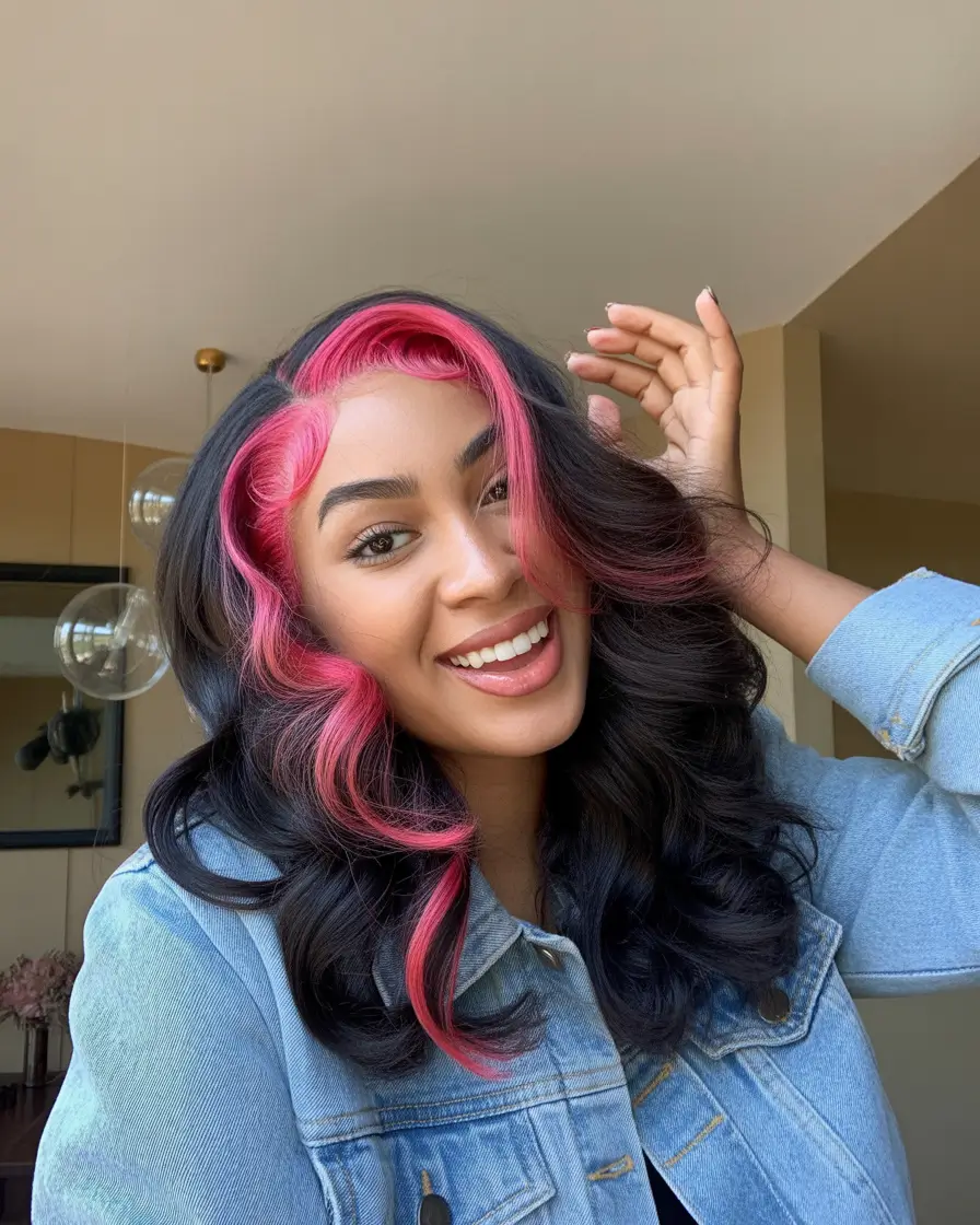 cool spring hair color for dark skin 2026 Bold pink contour streaks