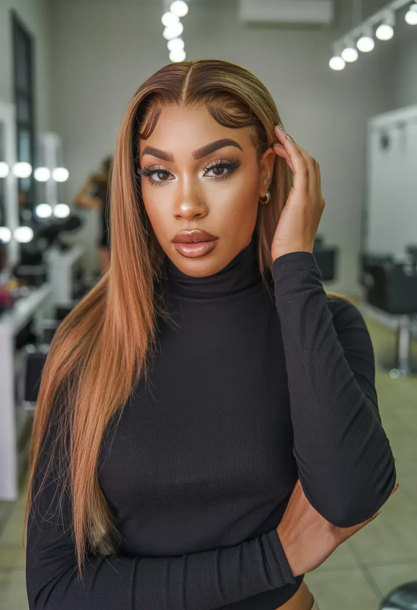 cool spring hair color for dark skin 2026 Sleek chestnut lengths with sculpted edges