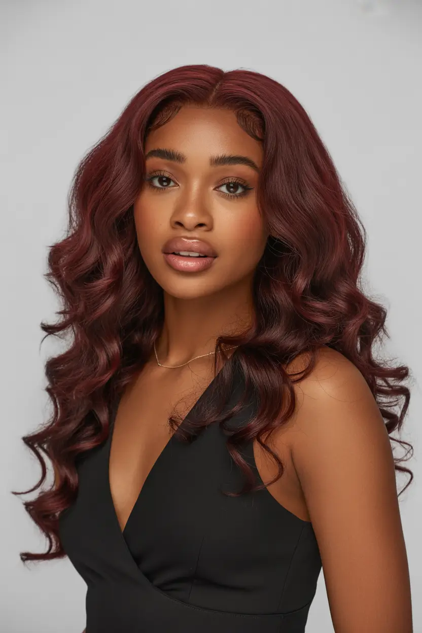 cool spring hair color for dark skin 2026 Deep burgundy waves with soft dimension