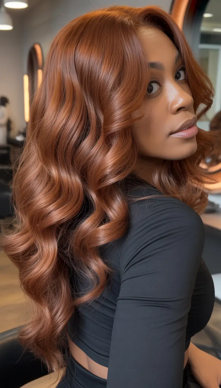 cool spring hair color for dark skin 2026 Copper caramel waves with spring warmth