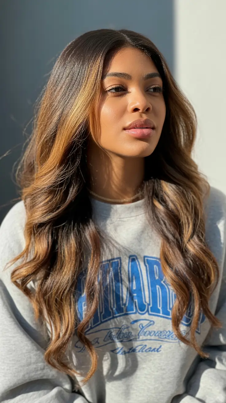 cool spring hair color for dark skin 2026 Honey brown soft waves with natural brightness