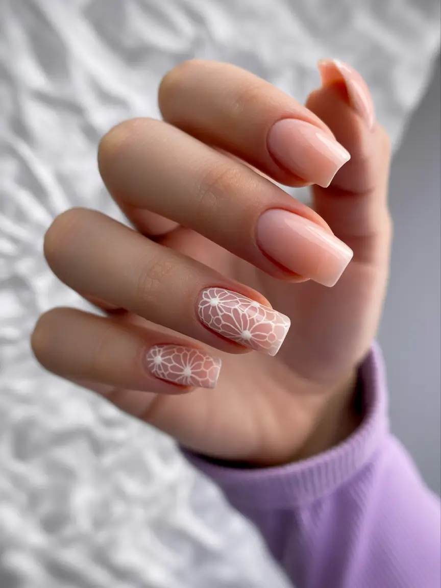 cute spring nails ideas 2026 Soft Blossom Nude With Delicate Floral Art