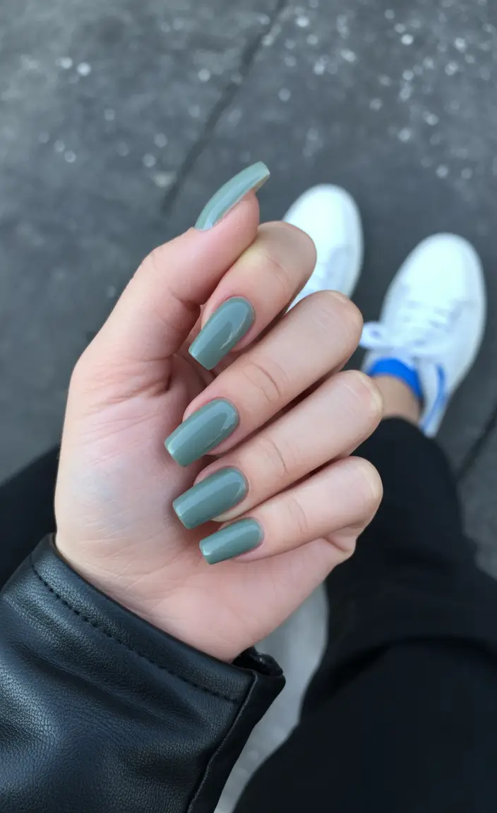 cute spring nails ideas 2026 Mossy Sage Square With a Soft Gloss Finish