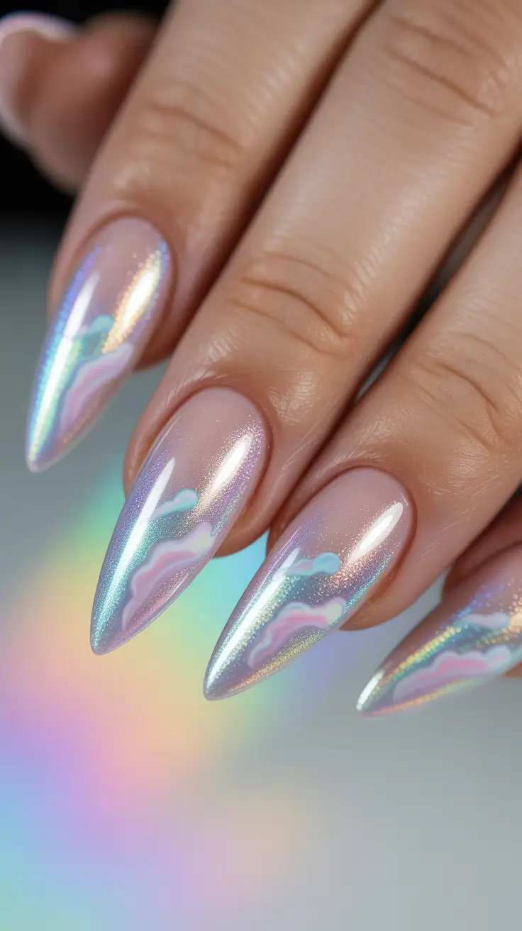 cute spring nails ideas 2026 Iridescent Cloud Chrome on Long Almond Tips