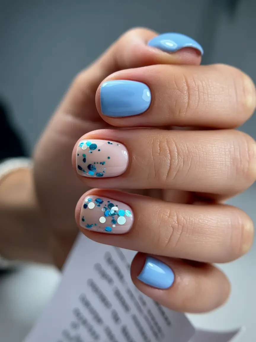 cute spring nails ideas 2026 Sky Blue Short Nails With Playful Confetti Glitter