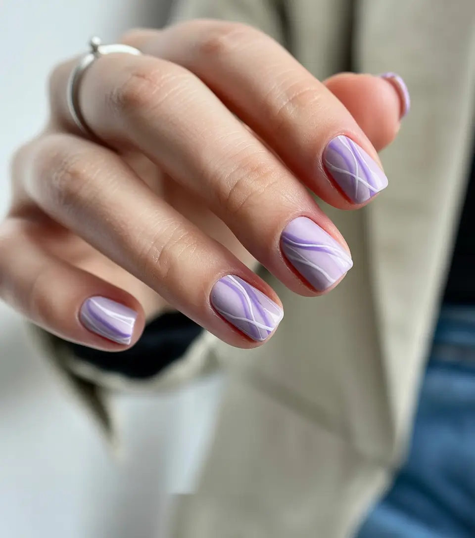 cute spring nails ideas 2026 Lavender Ribbon Lines on Soft Short Square Nails