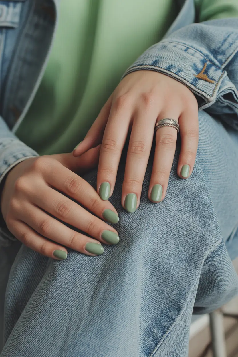 cute spring nails ideas 2026 Mossy Green Oval Nails With a Soft Spring Glow