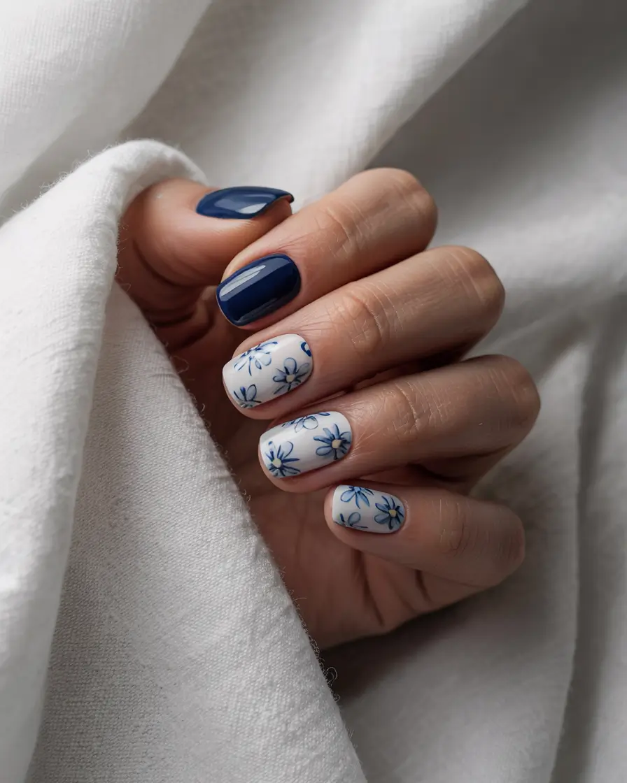 cute spring nails ideas 2026 Indigo Petals on Soft Short Nails
