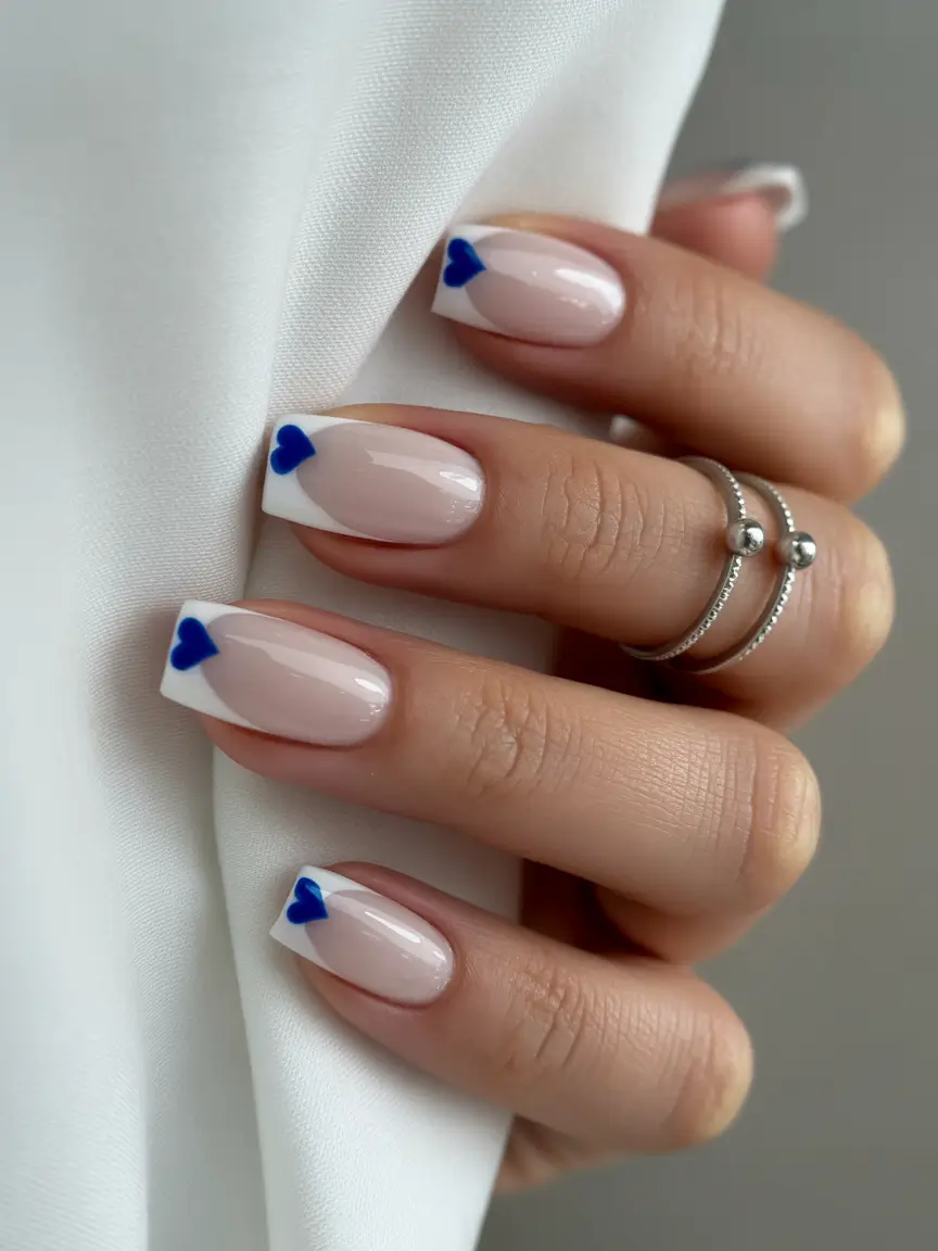 cute spring nails ideas 2026 White French With Blue Heart Details