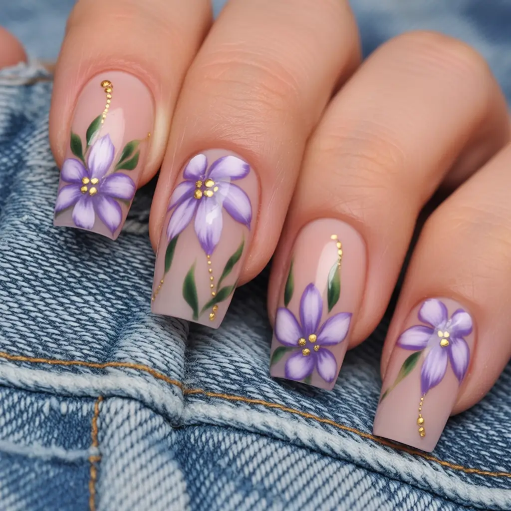 cute spring nails ideas 2026 Lavender Garden Blossoms on Coffin Nails