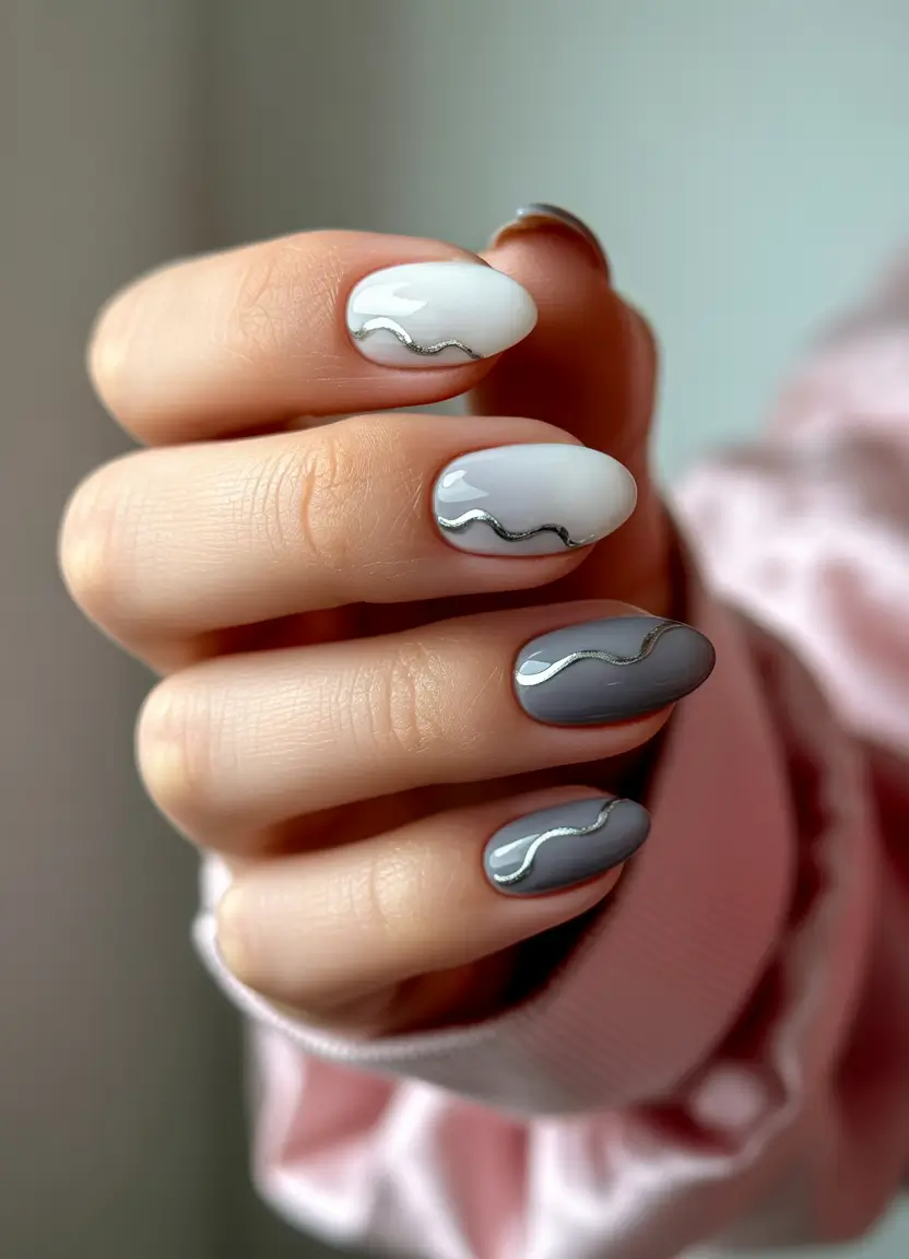 cute spring nails ideas 2026 Modern Grey Oval With Metallic Waves