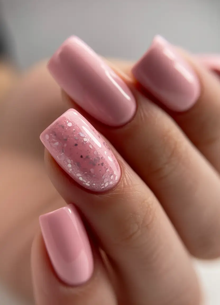 cute spring nails ideas 2026 Soft Pink Short Nails With Subtle Glitter Accents