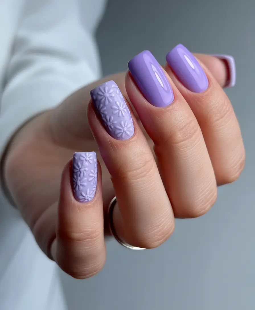 cute spring nails ideas 2026 Lavender Sculpted Florals on Square Nails