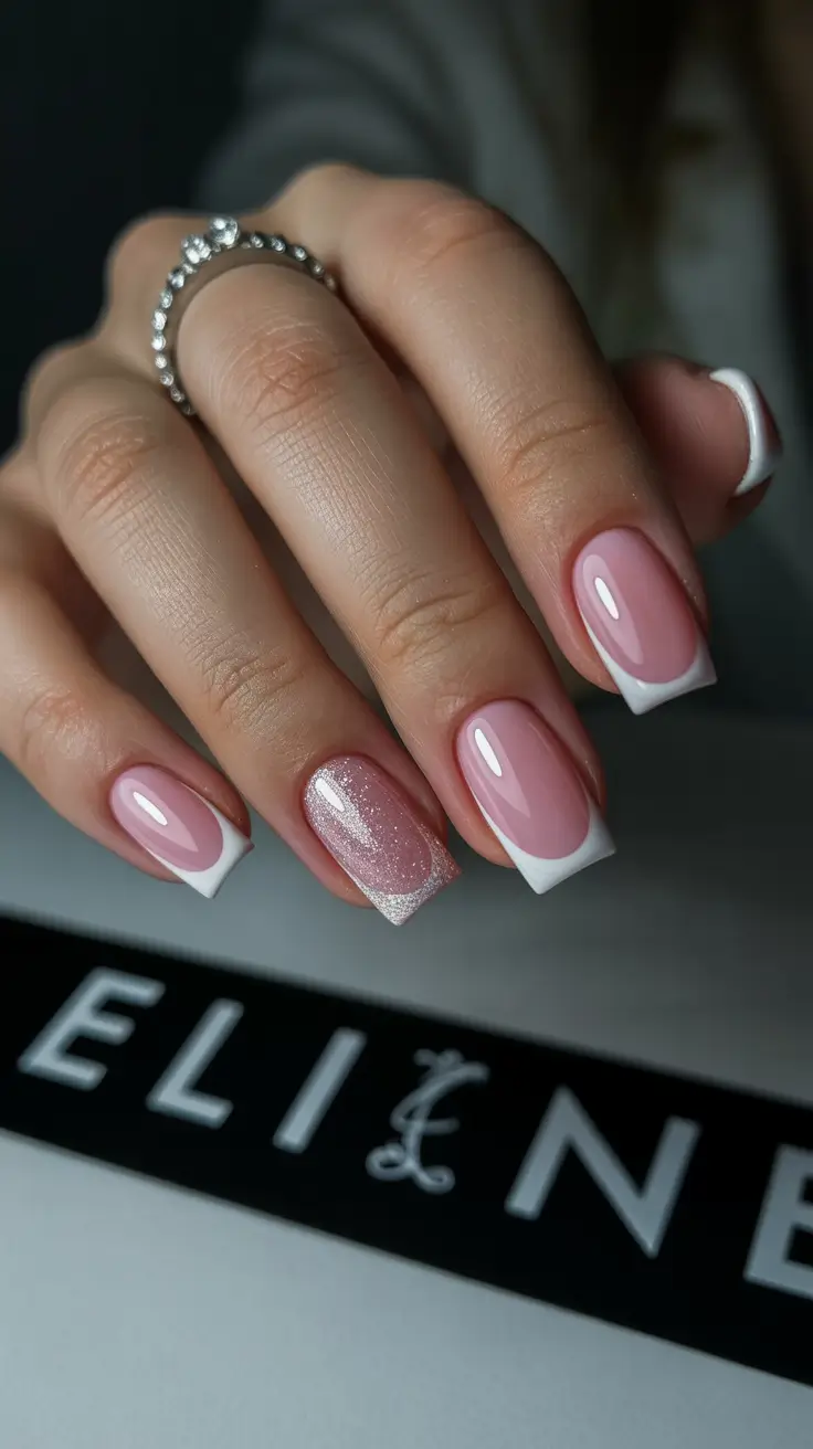 cute spring nails ideas 2026 Shimmered French Square Nails With Pink Accent Detail