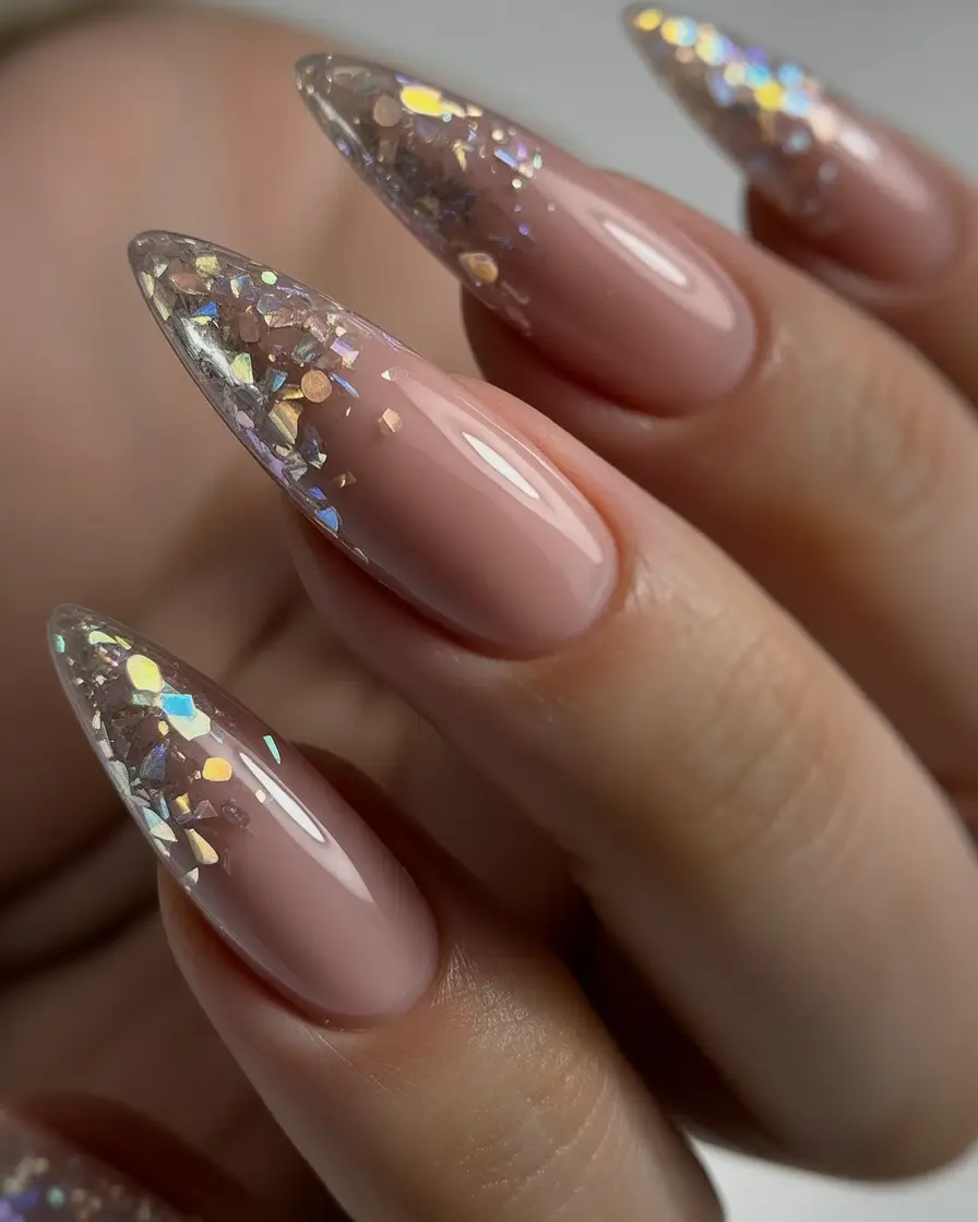 cute spring nails ideas 2026 Nude Almond Nails With Crystal Shimmer Tips