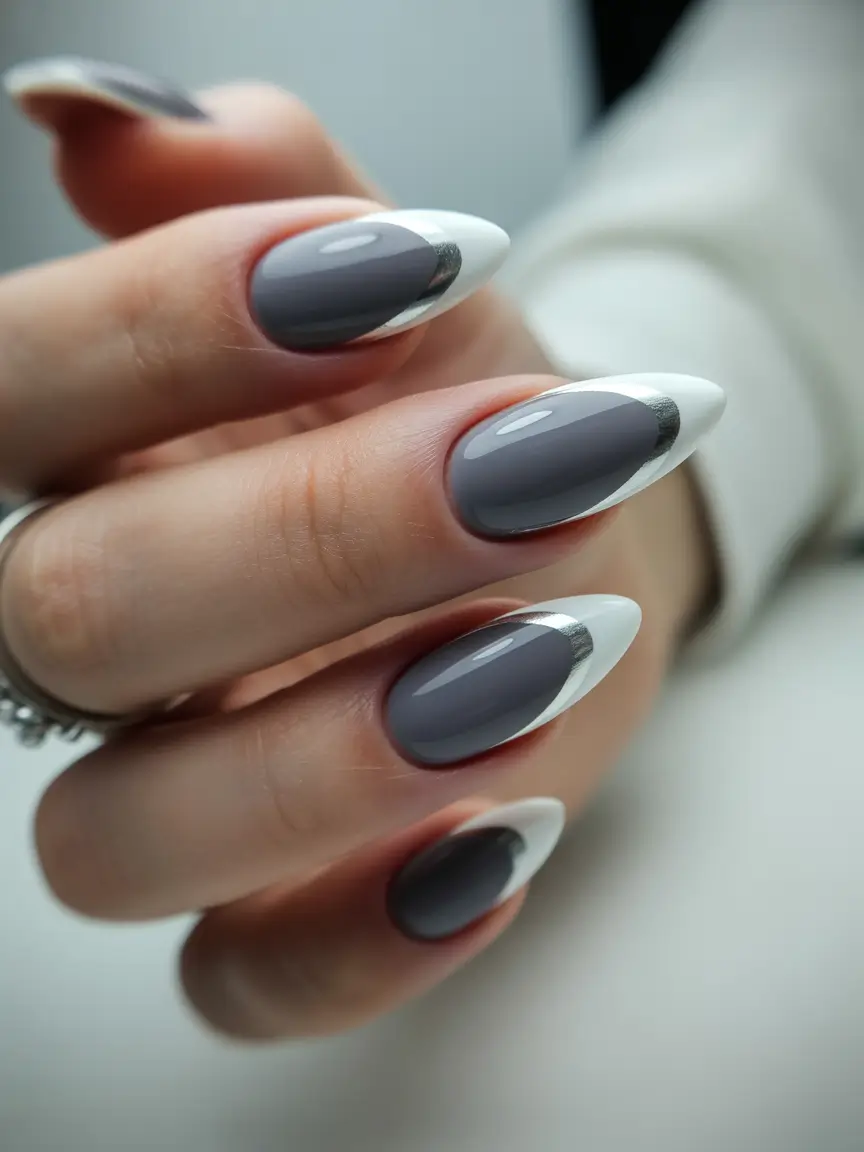 cute spring nails ideas 2026 Grey Almond French With a Futuristic Twist