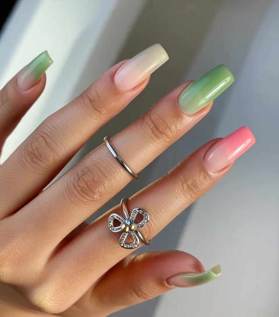 cute spring nails ideas 2026 Pastel Fade in Green and Pink Gradients