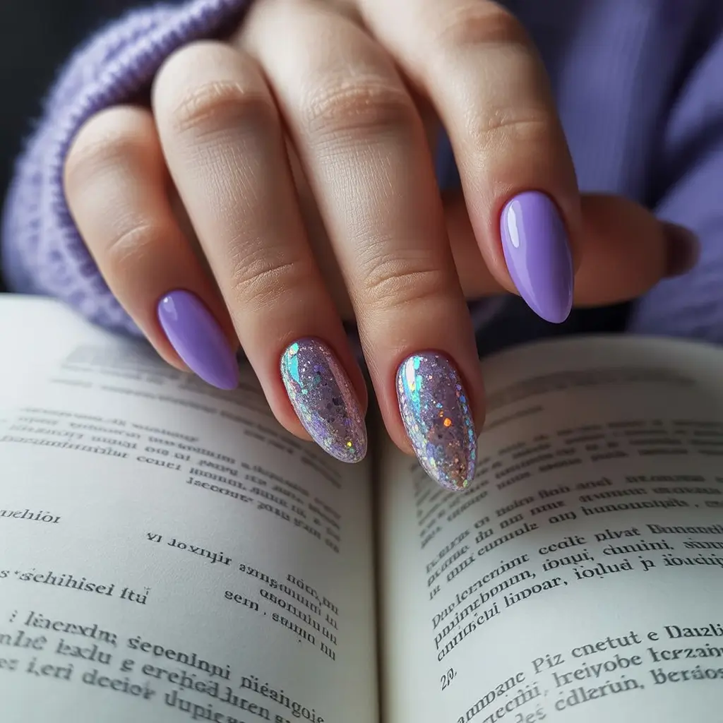 cute spring nails ideas 2026 Lavender Sparkle Almond Mix With Glitter Accents