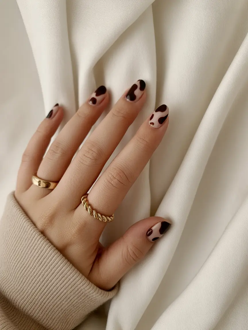 cute spring nails ideas 2026 Minimal Cocoa Spots on a Soft Nude Base