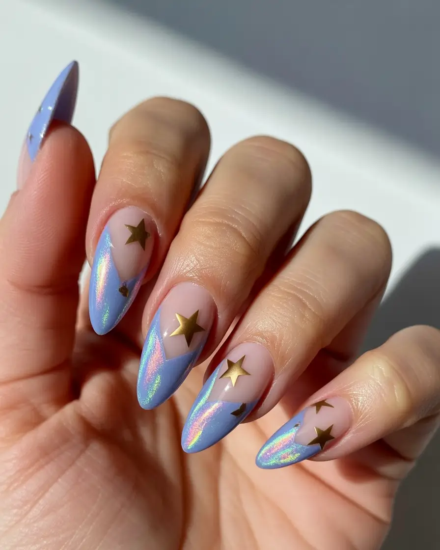 cute spring nails ideas 2026 Blue Chrome Almond With Golden Stars
