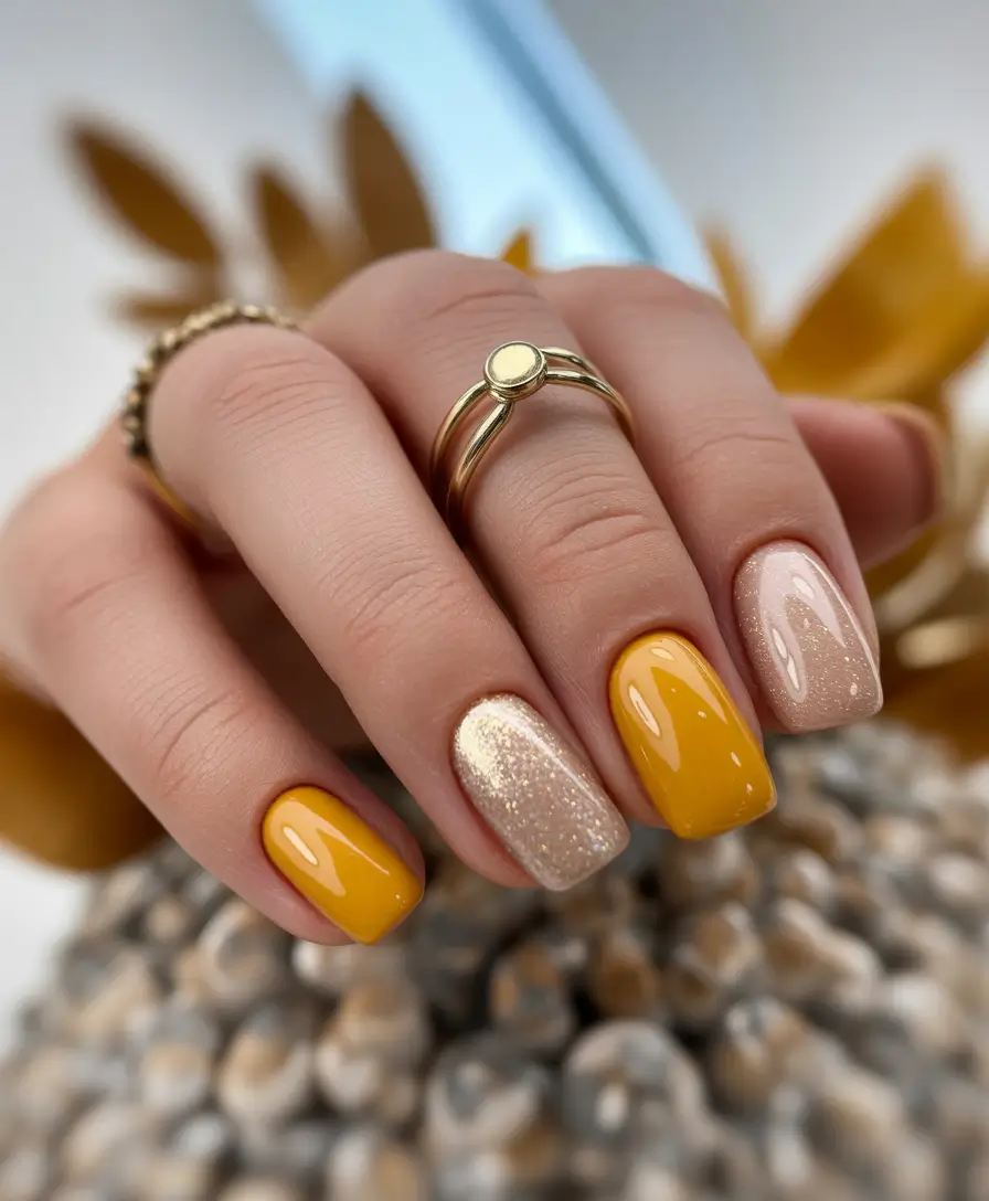 cute spring nails ideas 2026 Golden Honey Glow With Sparkling Beige