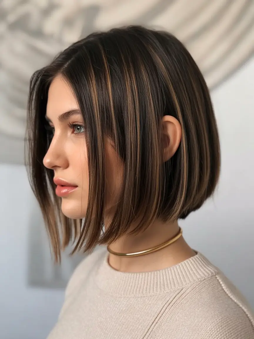 dreamy spring bob haircut 2026 Angled Sleek Brunette Bob With Precision Lines